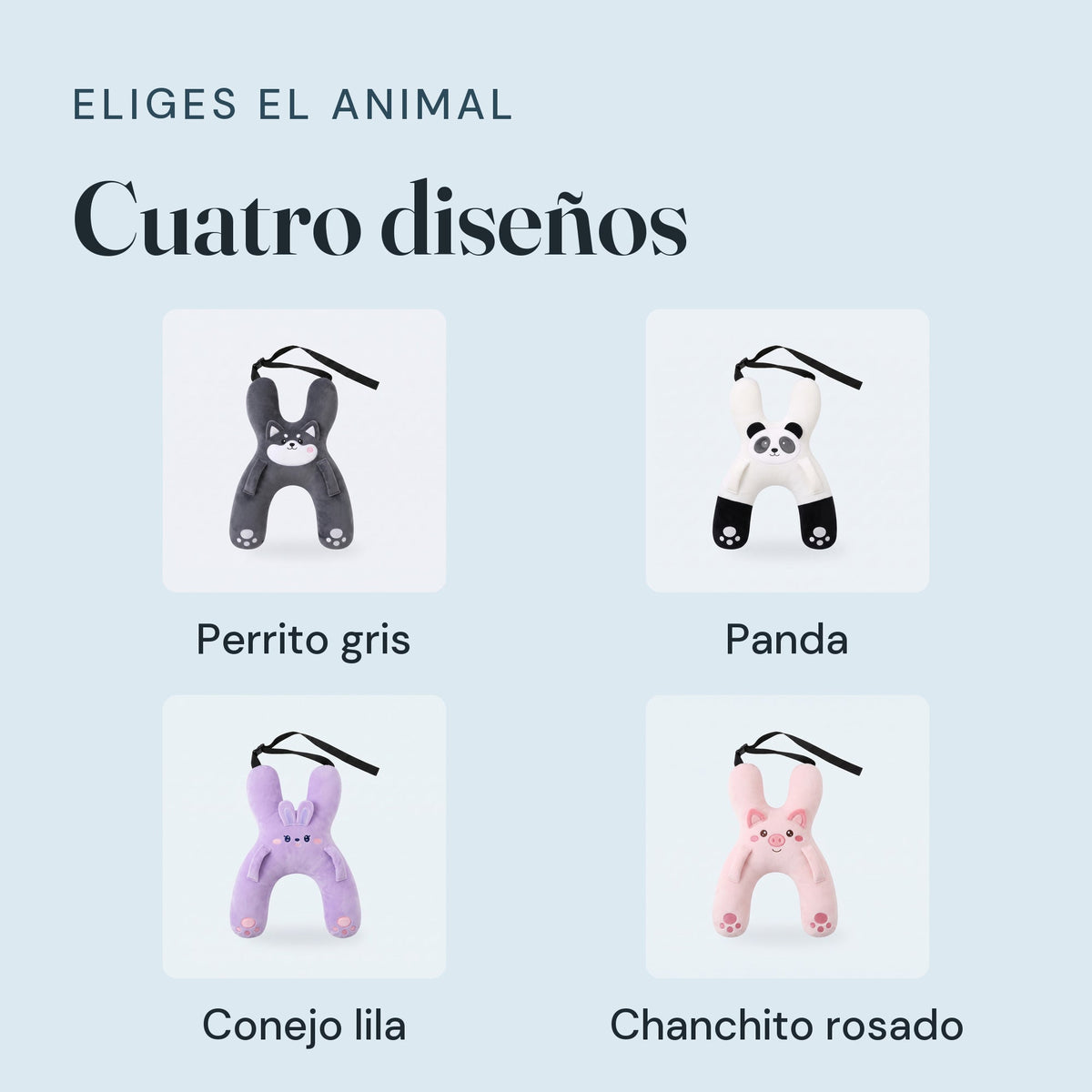 Los cuatro disenos del cojin de viaje: perrito gris, panda, conejo lila y chanchito rosado