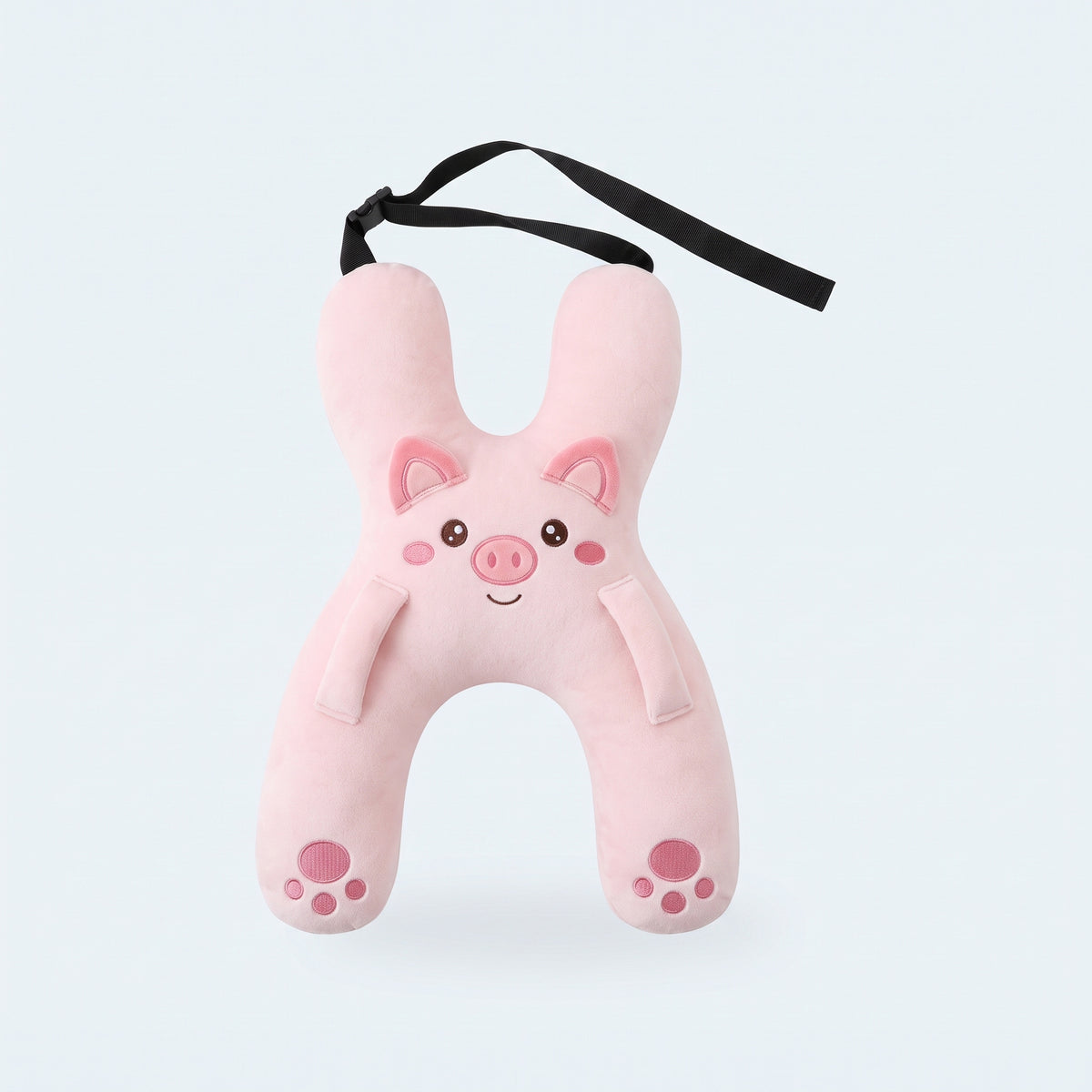 Cojin de viaje Calmani, diseno Chanchito rosado, con su correa ajustable