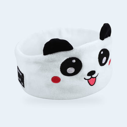 Diadema con audio Calmani, banda blanca de felpa con carita de panda