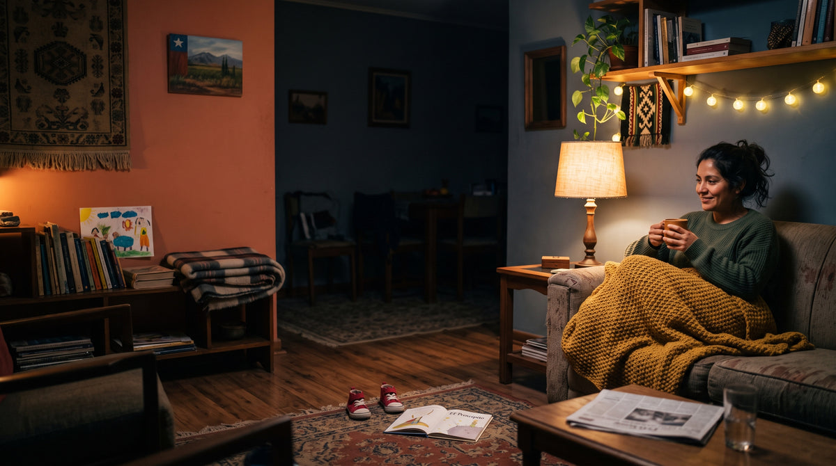 La casa ya en silencio: una mama en el sillon con una taza y una manta